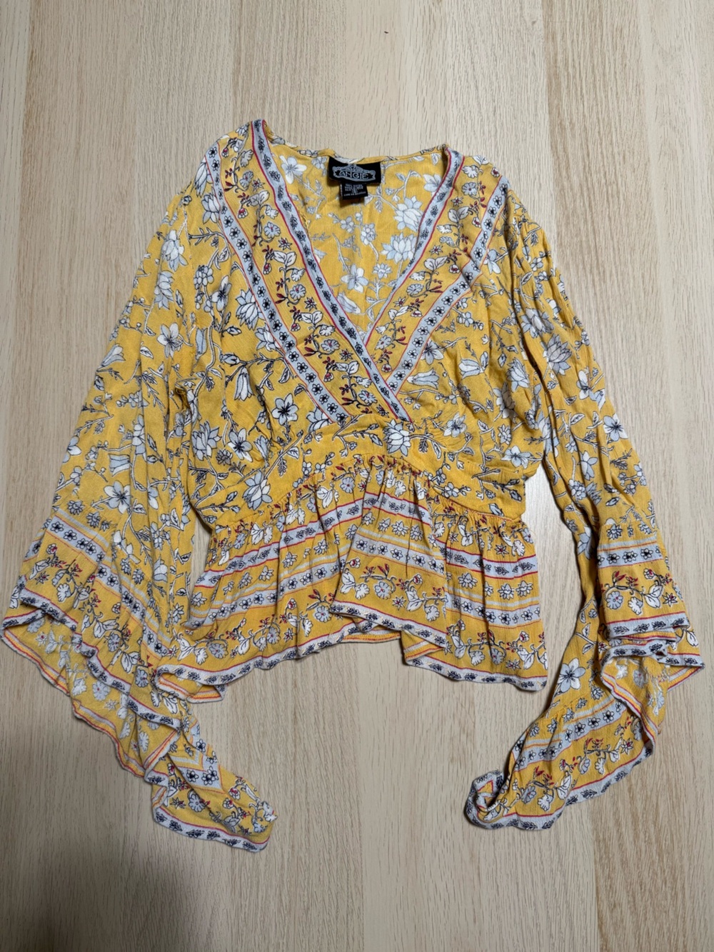 Angie Yellow Pattern Top with Flowy Sleeves S